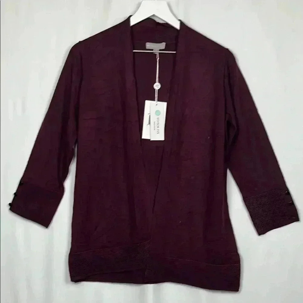 Evolution Womens Cardigan Burgundy S Open Front Long Lines 3/4 Sleeves w/Buttons